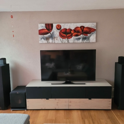 Harmonische SwissHD Heimkino Applikation:
AV Receiver, Center Lautsprecher und DVD Player optimal unter den Stoffabdeckungen platziert.
Das Auge hört mit und freut sich an dieser großartigen Lösung.